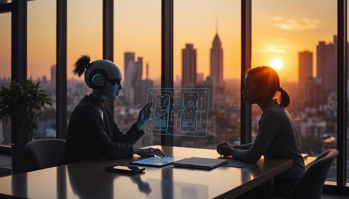 AI assistant and developer sitting at a digital table reviewing a floating blueprint of an app, collaborative tone, future-tech city view through glass