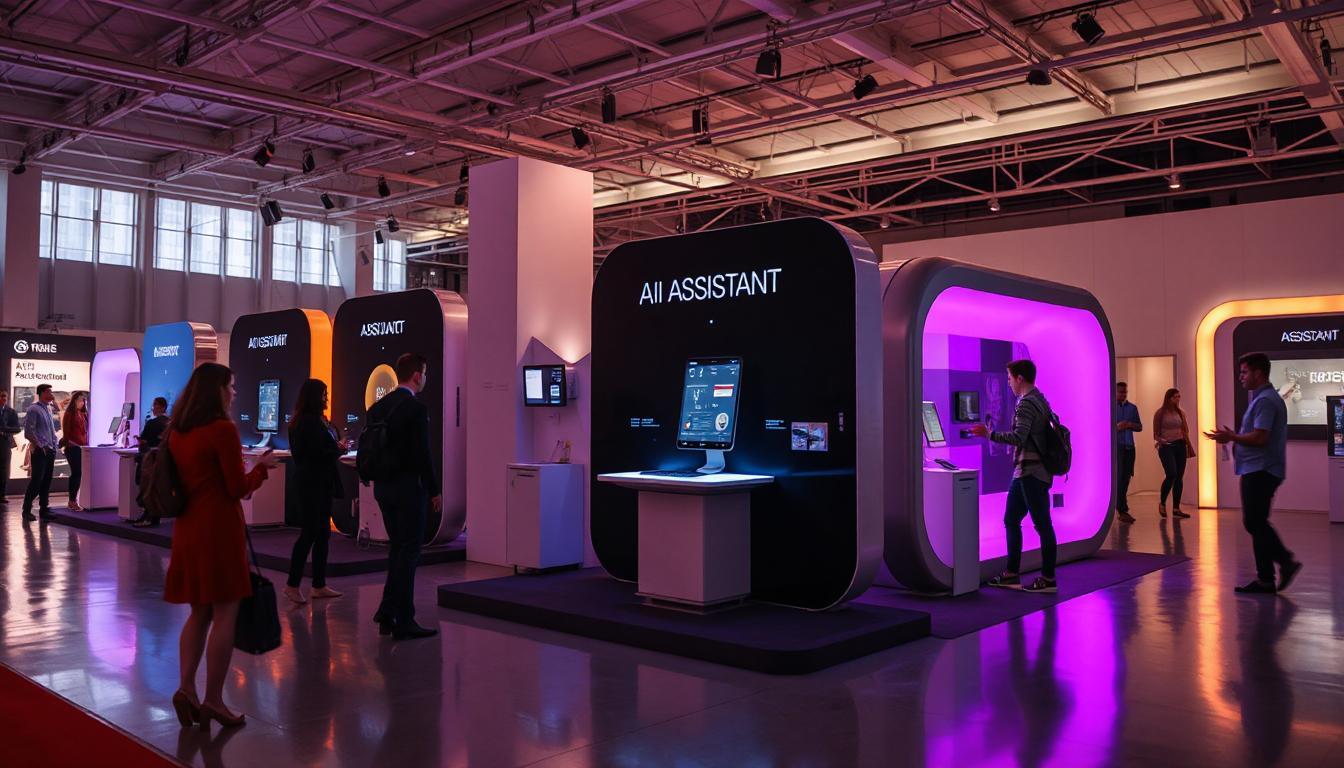A futuristic expo hall with several sleek AI assistant stations, each with its own unique design and glowing signature color