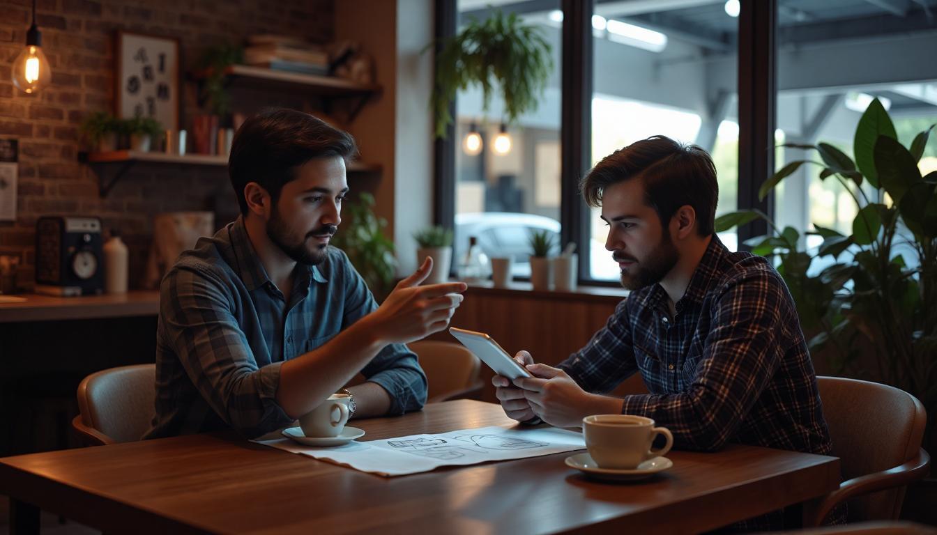 A cozy cafe scene where a person explains an app idea to a futuristic AI hologram projected from a tablet