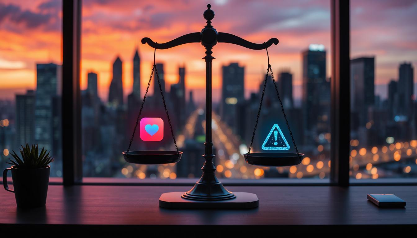 A balanced scale on a modern desk—one side glowing with vibrant app icons and creative tools, the other weighed down by glitchy code fragments and warning symbols