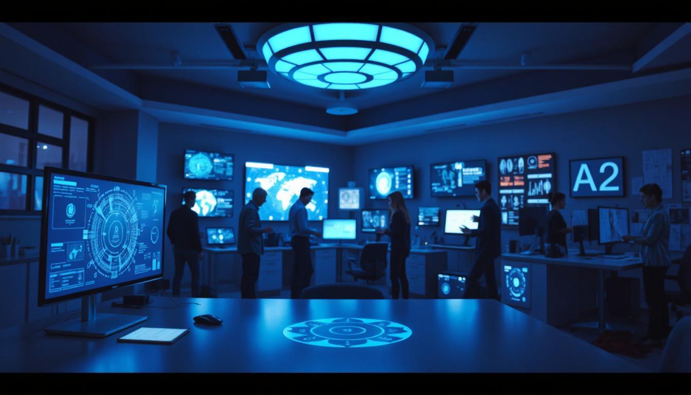A modern tech studio with soft blue lights, various AI devices and screens glowing in the background