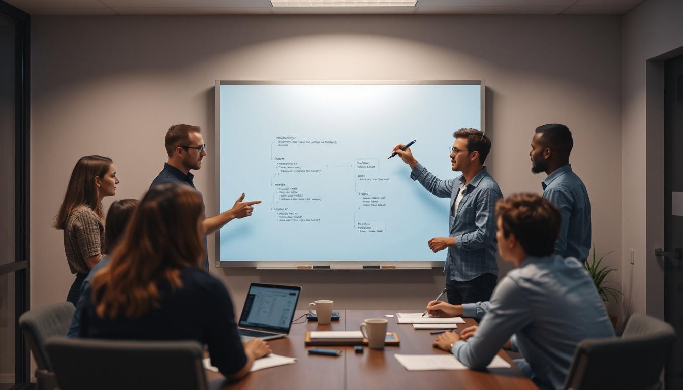 Team of developers in a modern office gathered around a digital whiteboard with AI flow diagrams and code prompts, realistic lighting,