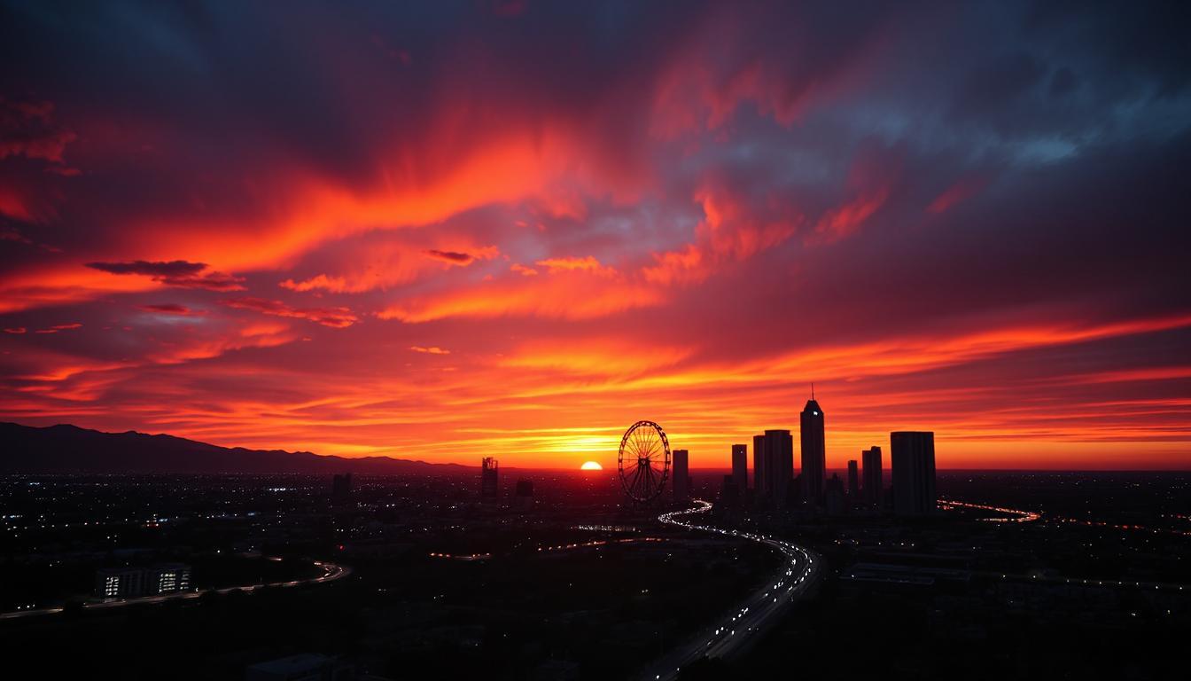 A sunrise over a futuristic skyline where luminous lines of code float into the sky like digital auroras