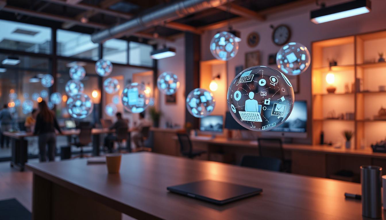 A bright modern workspace with glowing holographic orbs hovering in the air, each orb containing an abstract scene of an app being built, tested