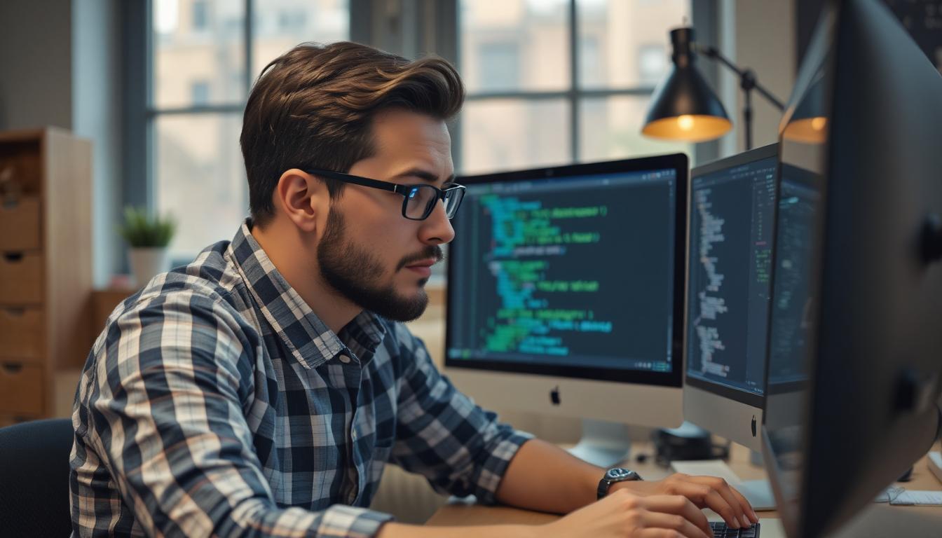 A developer looking at a screen filled with feature notes and code