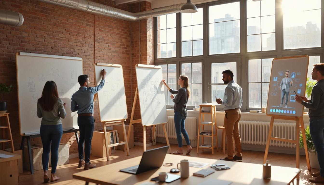 A lively creative studio filled with diverse people sketching app ideas on whiteboards, while translucent holographic AI assistants float beside them, helping shape designs in real time, warm sunlight streaming in through large windows