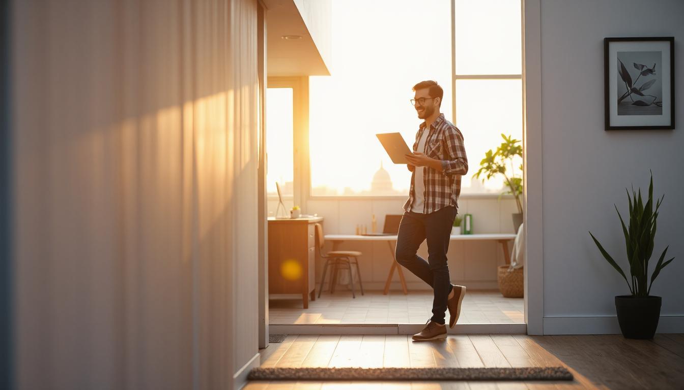 A lone developer stepping outside with a laptop in hand, smiling as they look back at their calm home office
