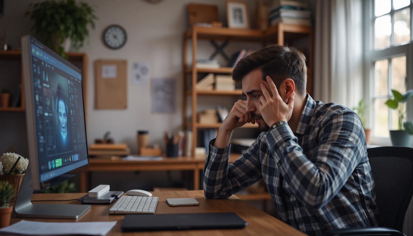Frustrated developer resting their head in one hand while looking at an AI interface on screen, emotional tension visible, cozy but slightly messy room