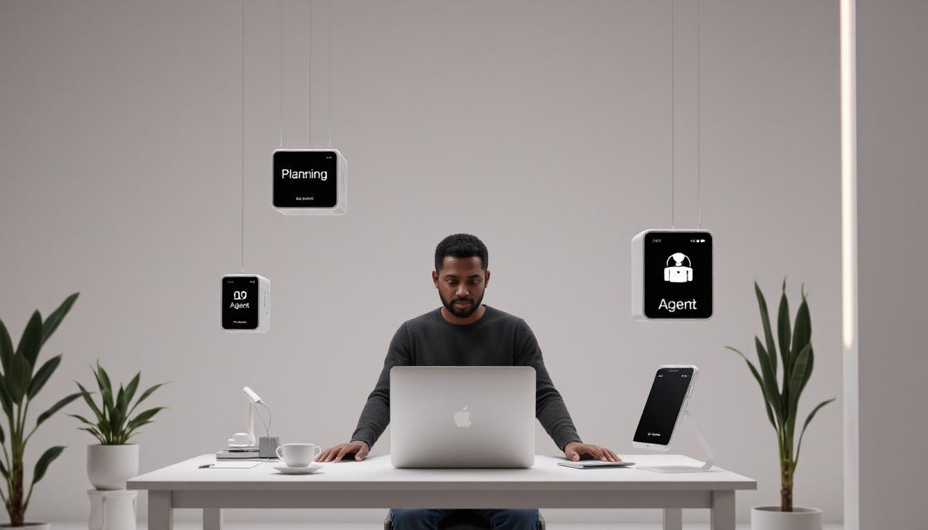 A futuristic workspace with a developer surrounded by floating modular AI blocks