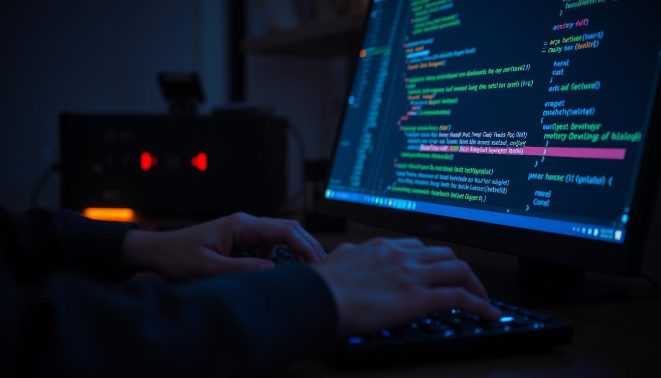 A developer actively fixing code, fingers on keyboard, clean IDE interface on a screen