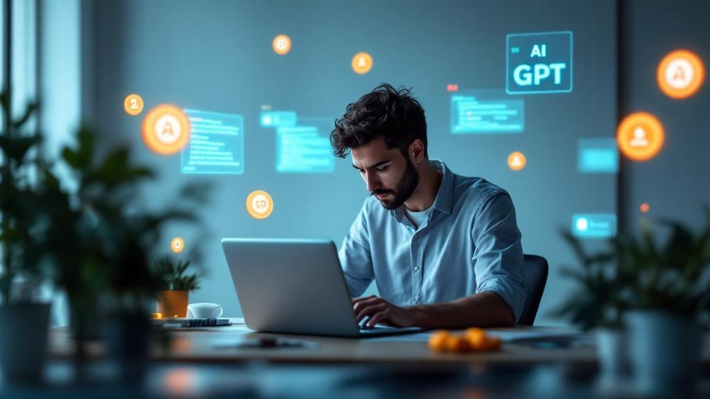 a developer at a minimalist desk surrounded by floating gpt tokens and llm logos