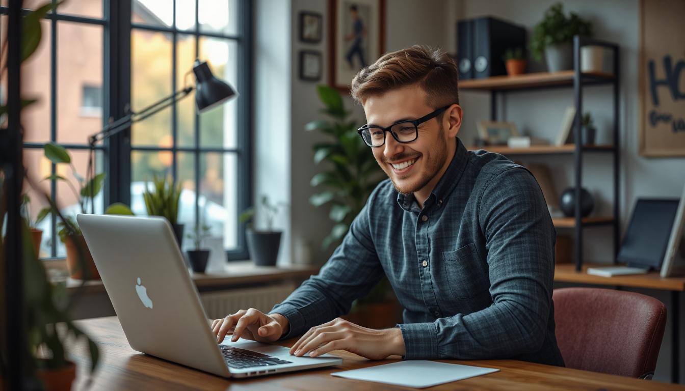 Confident solo developer smiling at a working UI on their laptop screen